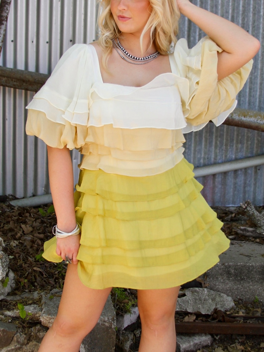 Strut & Bolt NWT Buttercream, Cream and Chartreuse Tiered Mini Dress Size Small